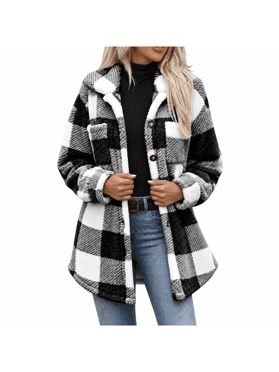 Womens Fleece Jackets Casual Mock Neck Plaid Jacket with Pockets Button Up Long Sleeve Outerwear for Womens Winter Fashion Black S