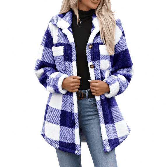 Dnhxils Womens Fleece Jackets Casual Mock Neck Plaid Jacket with Pockets Button Up Long Sleeve Outerwear for Womens Winter Fashion Blue XL