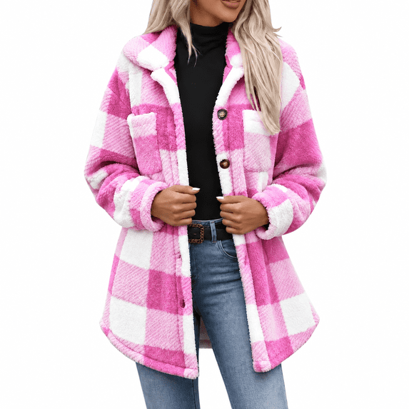 Dnhxils Womens Fleece Jackets Casual Mock Neck Plaid Jacket with Pockets Button Up Long Sleeve Outerwear for Womens Winter Fashion Hot Pink XXL