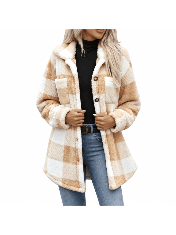 Womens Fleece Jackets Casual Mock Neck Plaid Jacket with Pockets Button Up Long Sleeve Outerwear for Womens Winter Fashion Tan White XL