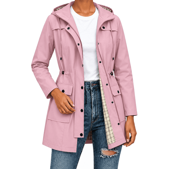 Dnhxils Womens Rain Jacket with Hood Trendy Windbreak Hiking Jacket with Pockets Casual Waterproof Raincoat for Womens Fall Fashion Pink L