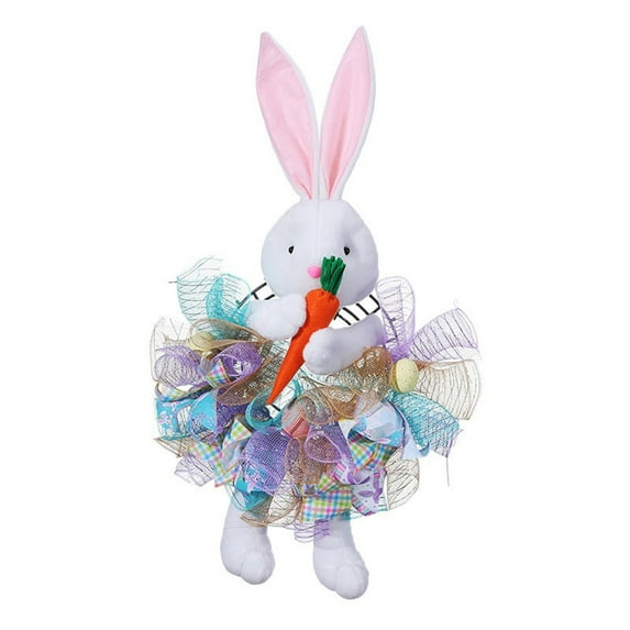 Easter Bunny Decorative Mesh Wreath, 16x28" Whimsical Rabbit & Carrot Hanging Garland Door Decor for Spring & Easter Indoor/Outdoor Decoration