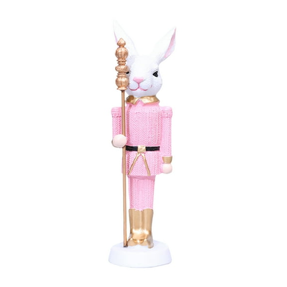 Dnogom Easter Bunny Nutcracker Resin Ornament, 7.1in Scepter-Wielding Decor in Pink/White/Green for Home Tabletop & Festive Decoration, Easter Gifts
