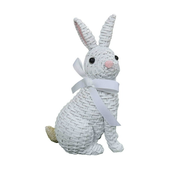 Dnogom Easter Woven-Texture Resin Bunny Decoration, 8.1in Straw-Style Rabbit Desktop Ornament Festive Decor for Easter & Spring Home Garden