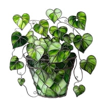 Dnogom Green Heart Leaf Stained Glass Potted Pendant, 2D Outdoor Window Hanging Ornament Romantic Decor for Valentine's Day Home Office Holiday