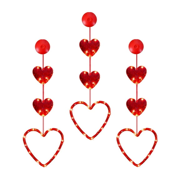 Dnogom Valentine's Day Decorative Red Heart Curtain Lights Set of 3, Suction Cup Hanging Decor Light, Romantic Ambient Light for Candlelit Dinner, Proposal, Party