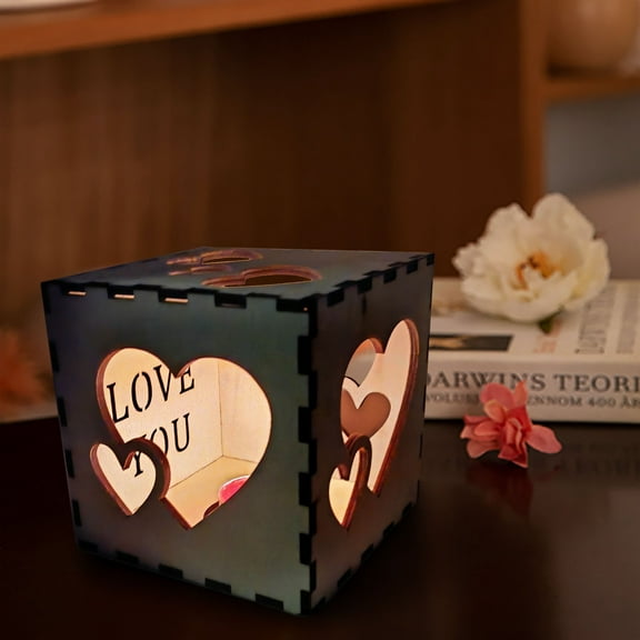 Dnogom Wooden Heart Cutout Cube Candle Holder,5" Romantic Valentine's Day Decor for Dinner/Living Room