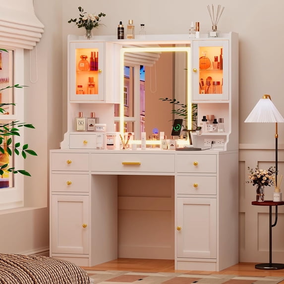 Dnxao Bedroom Charging Station Makeup Desk and Mirror with LED Lights Table Set, White