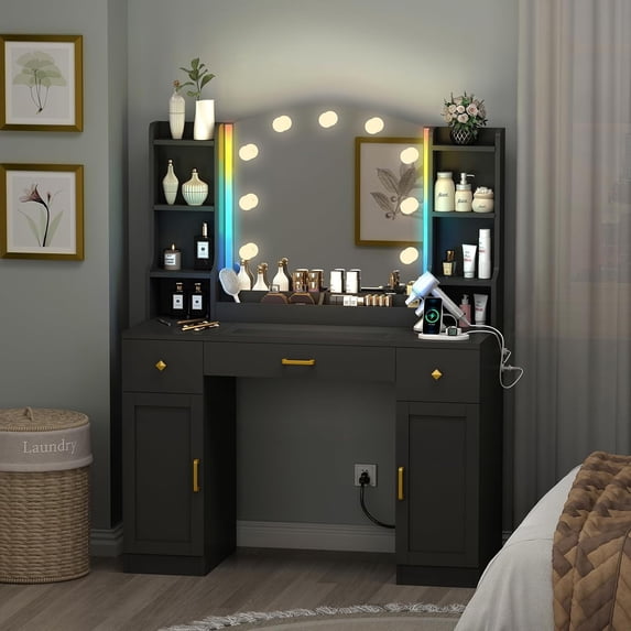 Dnxao Charging Station LED Drawers Vanity Table with Mirror Table Set, Black