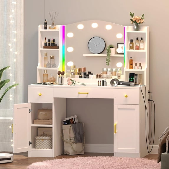 Dnxao Charging Station Makeup Desk and Mirror with LED Lights Table Set, White