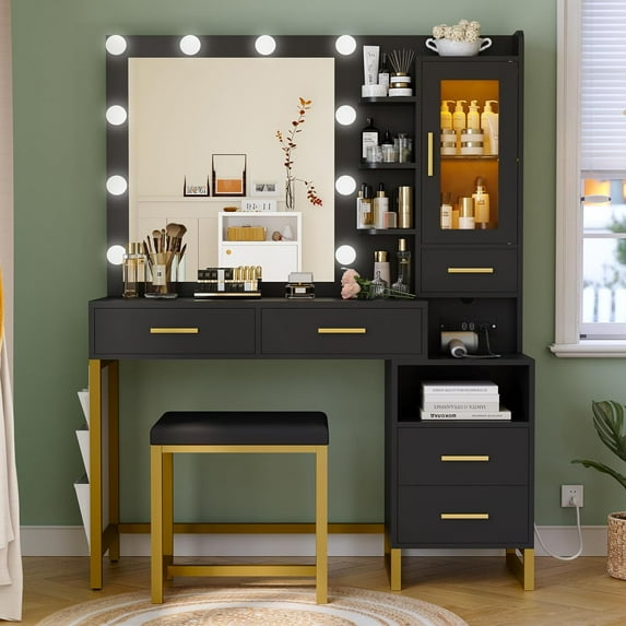 Dnxao Vanity Desk, LED Lighted Mirror, Makeup Vanity Table and RGB Storage Cabinet and Chair, Black