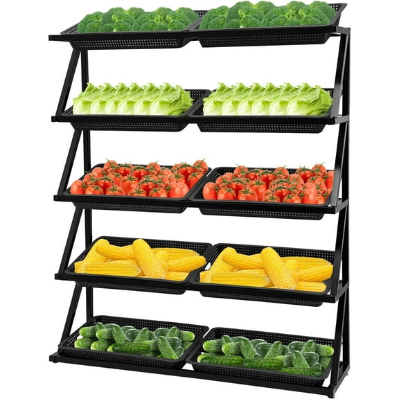 5 Tier Retail Display Rack Market Shelf, Fruit Vegetable Storage Basket Stand Fruit Vegetable Snack Retail Basket Rack Set for Kitchen, Office, Store, Supremarket (Coffee Basket)