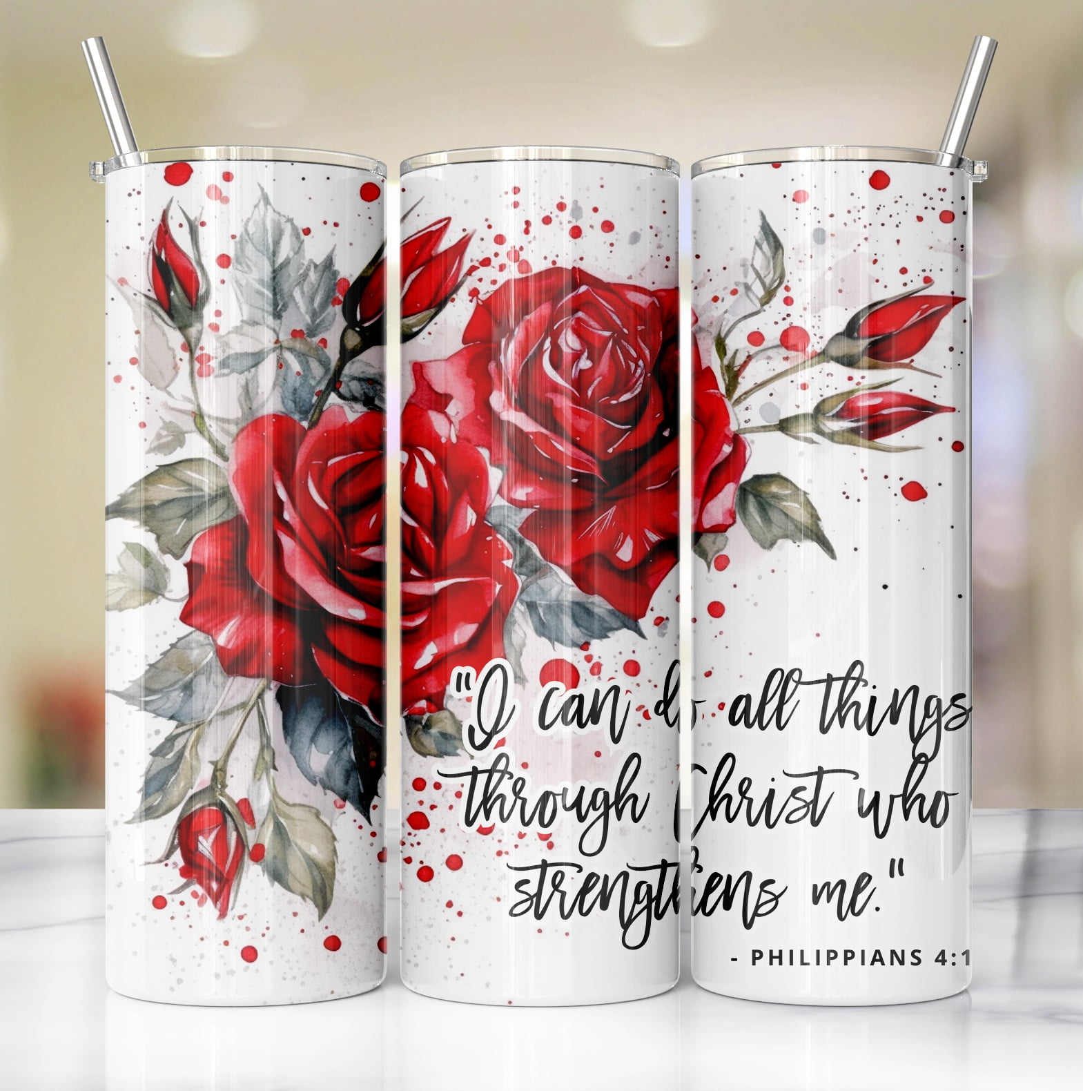 Do All Things Through Christ Red Roses 20 Oz Skinny Metal Tumbler w/Lid ...