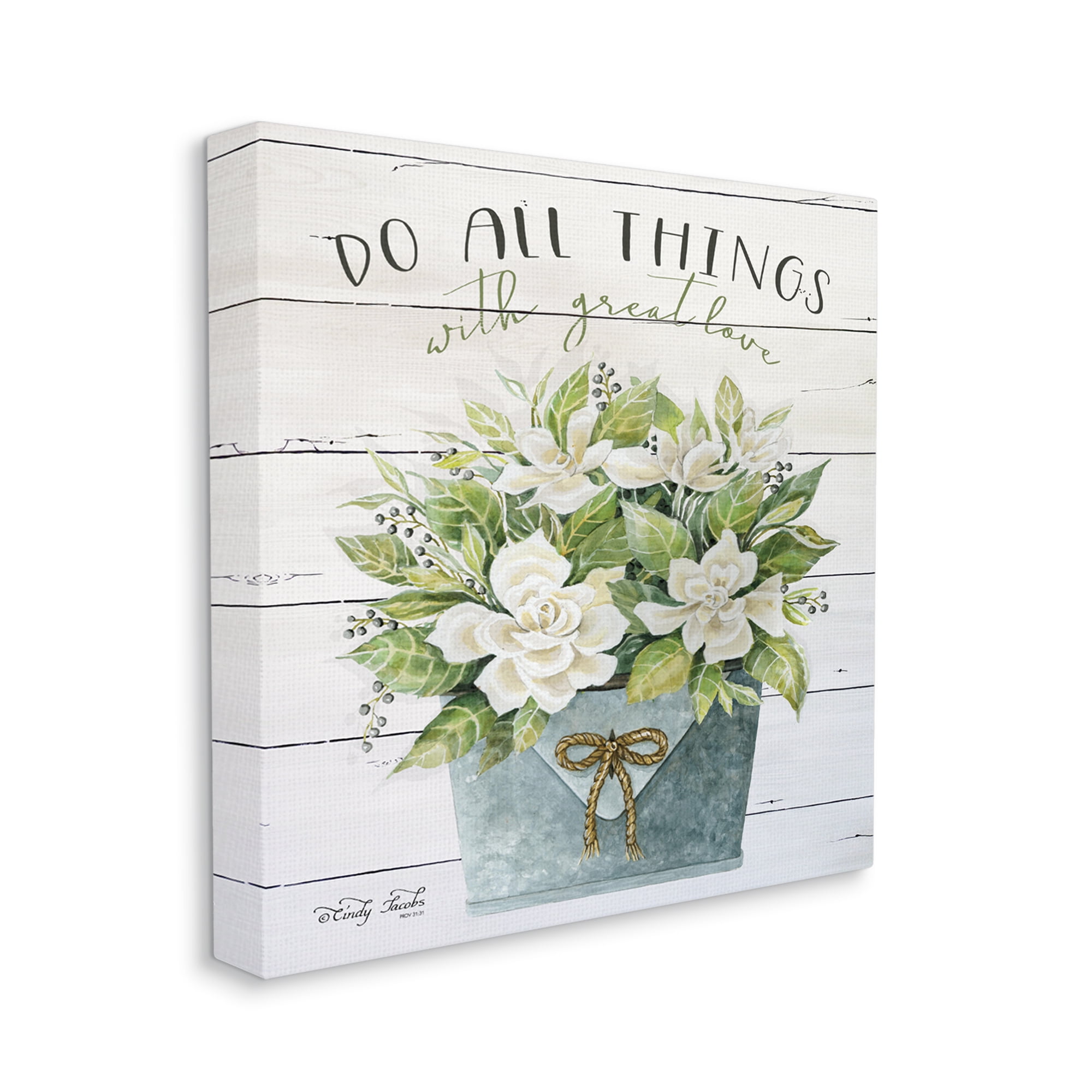 Do All Things With Great Love Floral Magnolia Pail Planked Look Botanical & Floral Gallery-Wrapped Canvas Print Wall Art, 17x17