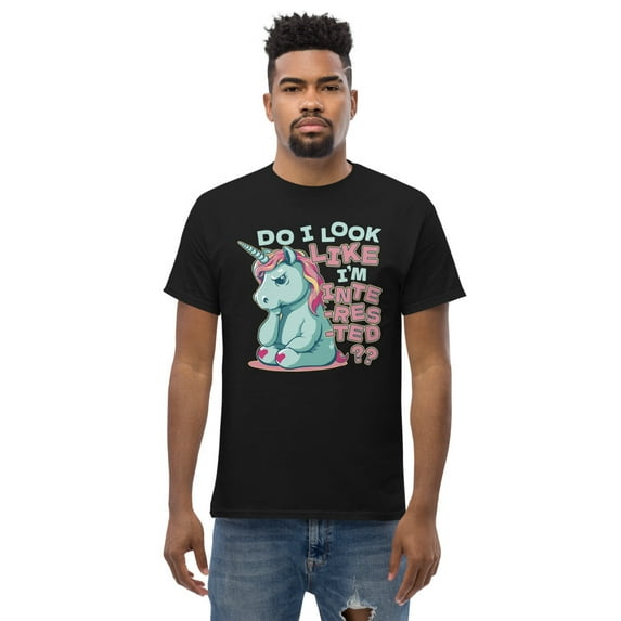 Do I look Like I'm Inte-res-ted Funny Novelty Unicorn tee (Black, S)