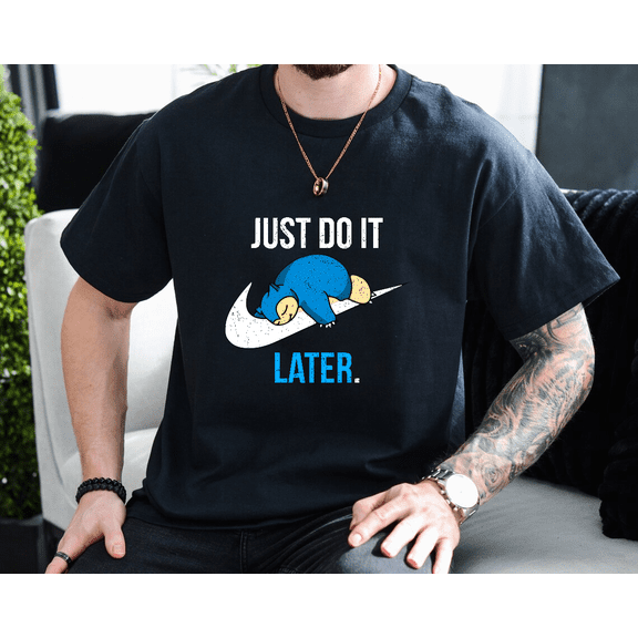 Do It Later Lazy Creature Retro Anime Style Cute Humor Graphic T-shirt, for men & women, up to size 5XL.