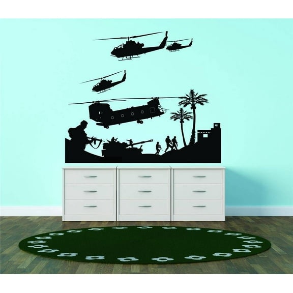 Do It Yourself Wall Decal Sticker War Scene Army Aircraft Helicopters Planes Fighting Combat Soldiers Battle Tank Mural 30x30"