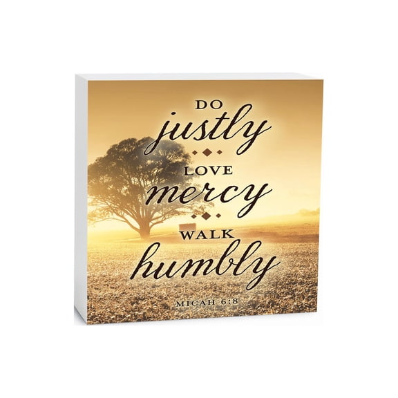 Do Justly Love Mercy Golden Sunlit Tree 5 x 5 Wood Tabletop Sign Plaque