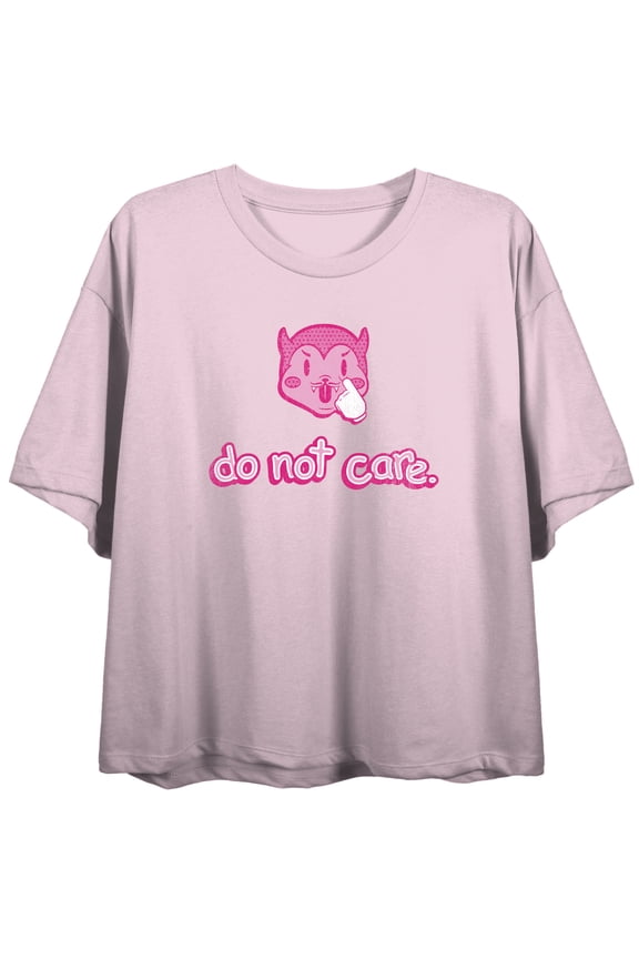 Do Not Care Graphic Tee Cropped Boxy Oversized Fit Tonal Pink-on-Pink Screen Print Juniors Short Sleeve Crew Neck T-Shirt-Small