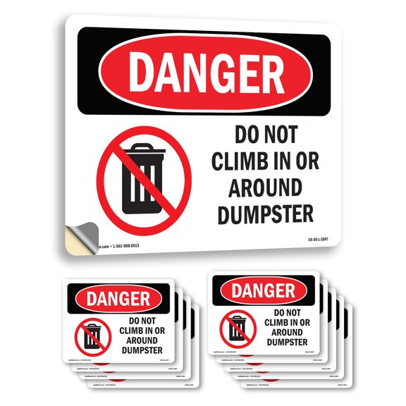Do Not Climb In Or Around Dumpster OSHA Danger Vinyl Decal Label 7 Inch x 5 Inch - 10 Pack