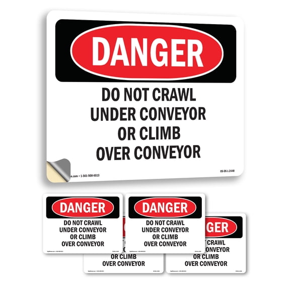 Do Not Crawl Under Conveyor Or Climb Over Conveyor OSHA Danger Vinyl Decal Label 5 Inch x 3.5 Inch - 5 Pack