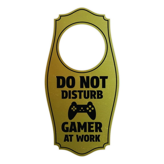 Do Not Disturb Gamer At Work Door Hanger | House or Business Door Sign - Brushed Gold, 4" x 8"