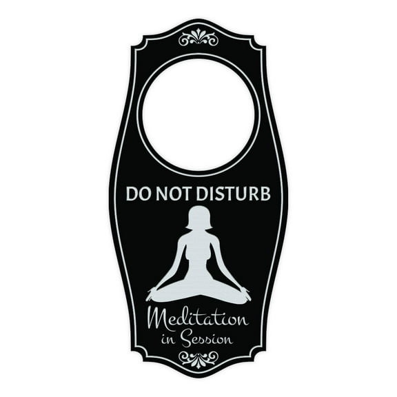 Do Not Disturb Meditation In Session Door Hanger | House or Business Door Sign - Black Silver, 4" x 8"