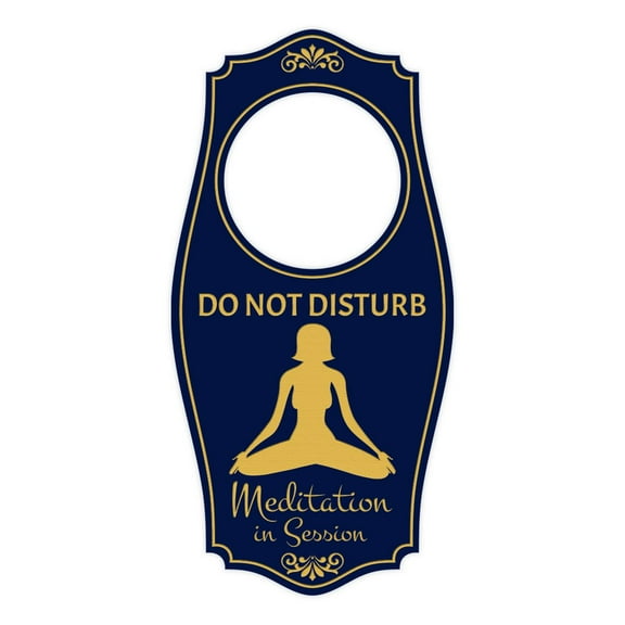 Do Not Disturb Meditation In Session Door Hanger | House or Business Door Sign - Navy Blue Gold, 4" x 8"