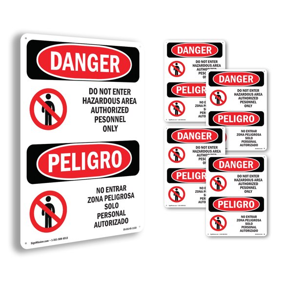 Do Not Enter Hazardous Area Bilingual OSHA Danger Rigid Plastic Sign 10 Inch x 7 Inch - 5 Pack