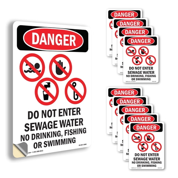 Do Not Enter Sewage OSHA Danger Vinyl Decal Label 10 Inch x 7 Inch - 10 Pack