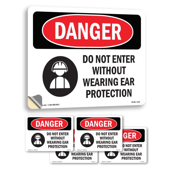 Do Not Enter Without Wearing Ear Protection OSHA Danger Vinyl Decal Label 7 Inch x 5 Inch - 5 Pack