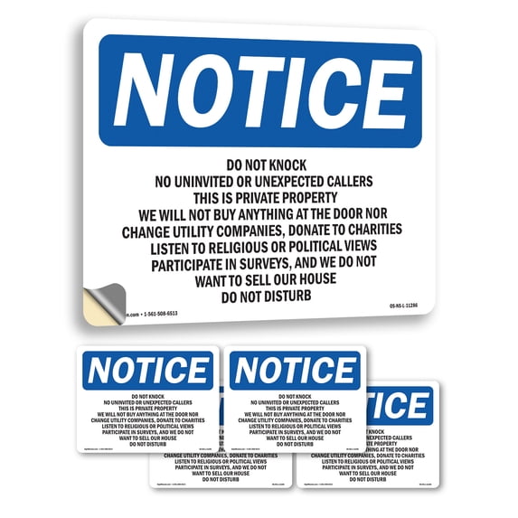 Do Not Knock No Uninvited Or Unexpected OSHA Notice Vinyl Decal Label 14 Inch x 10 Inch - 5 Pack