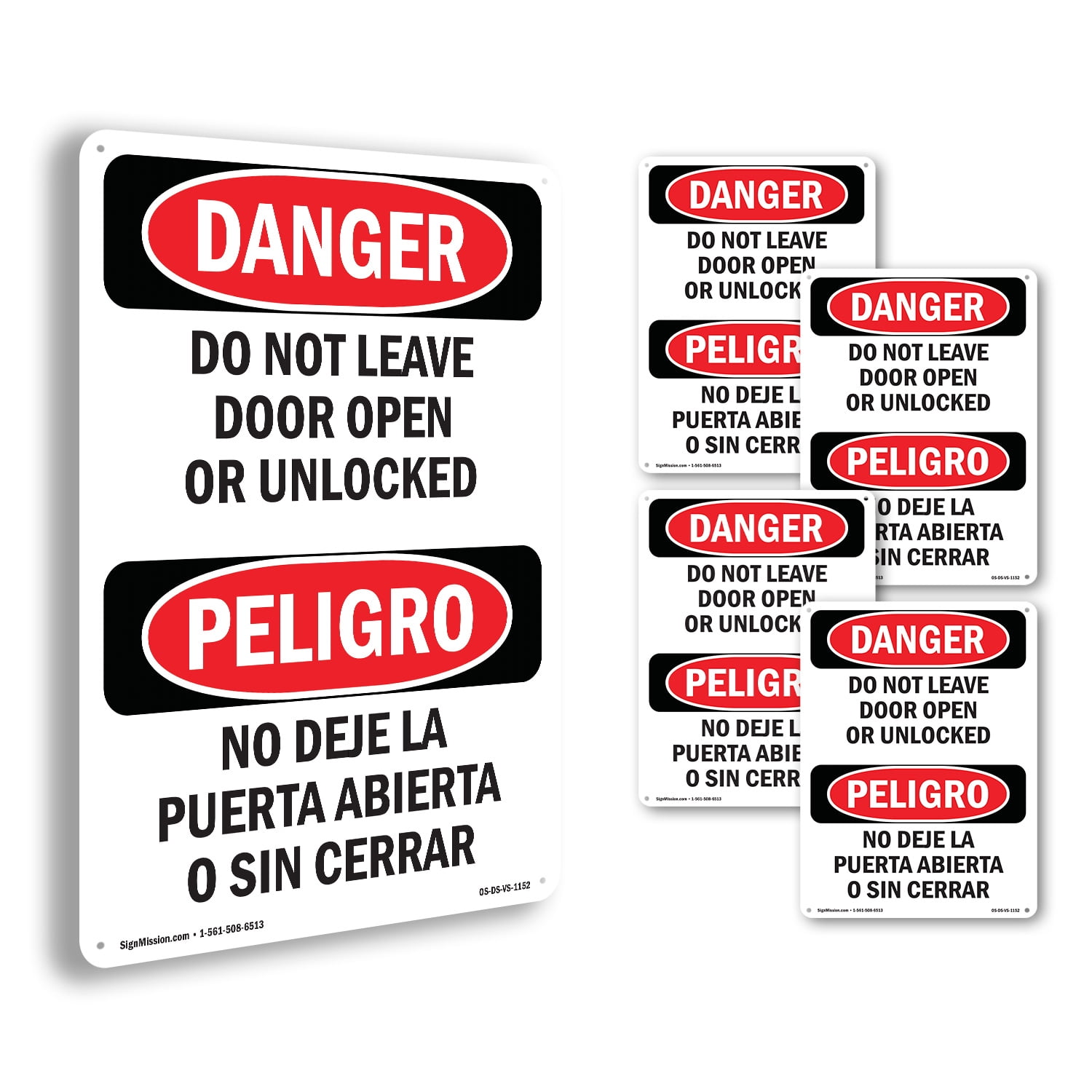 Do Not Leave Door Open Or Unlocked Bilingual OSHA Danger Aluminum Sign ...