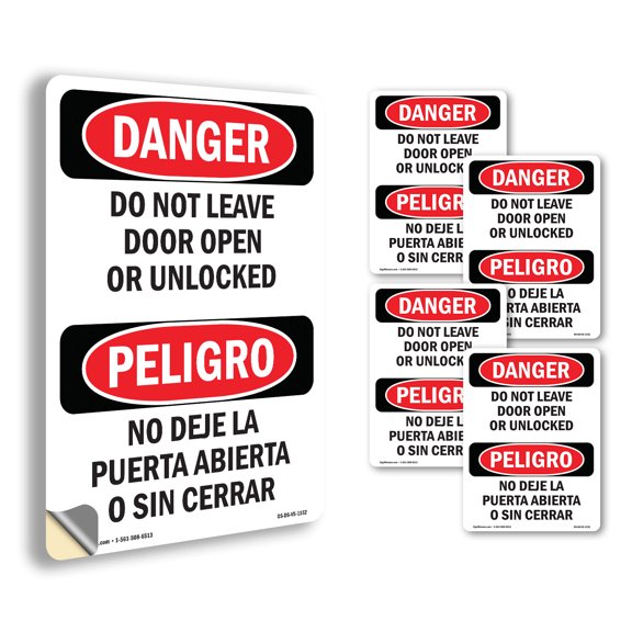 Do Not Leave Door Open Or Unlocked Bilingual OSHA Danger Vinyl Decal Label 5 Inch x 3.5 Inch - 5 Pack