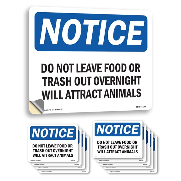 Do Not Leave Food Or Trash Out Overnight OSHA Notice Vinyl Decal Label 10 Inch x 7 Inch - 10 Pack