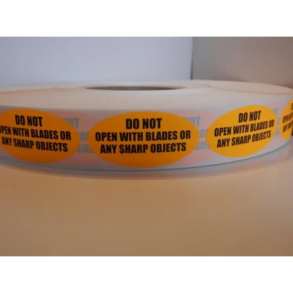 Do Not Open With Blades Or Any Sharp Objects Fluor Orange 1X2 Oval Label 250/Rl