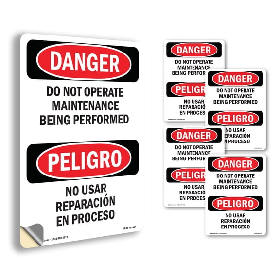 Do Not Operate Maintenance Bilingual OSHA Danger Vinyl Decal Label 5 Inch x 3.5 Inch - 5 Pack