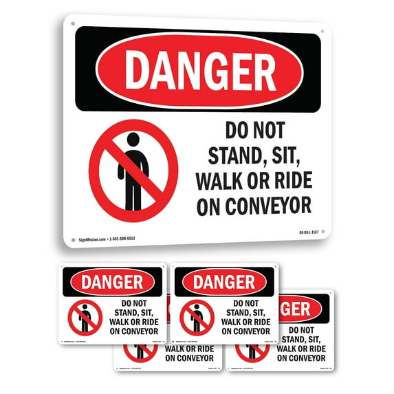Do Not Stand Sit Walk Or Ride On Conveyor OSHA Danger Rigid Plastic Sign 14 Inch x 10 Inch - 5 Pack