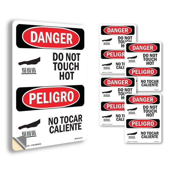 Do Not Touch Hot Bilingual OSHA Danger Vinyl Decal Label 24 Inch x 18 Inch - 5 Pack