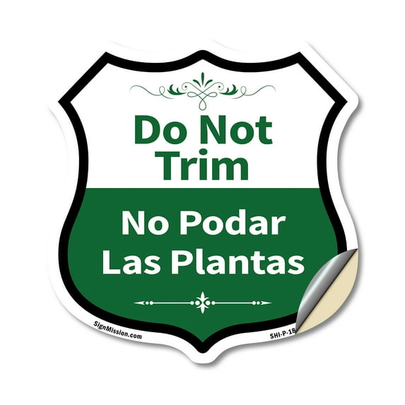 Do Not Trim Bilingual English / Spanish 18 inch X 18 inch Shield Shaped Heavy Duty 3.2 mil Vinyl Decal Weather Resistant Made in the USA