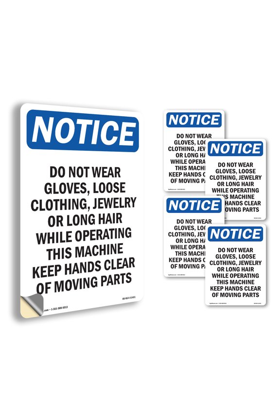 Do Not Wear Gloves Loose Clothing OSHA Notice Vinyl Decal Label 5 Inch x 3.5 Inch - 5 Pack