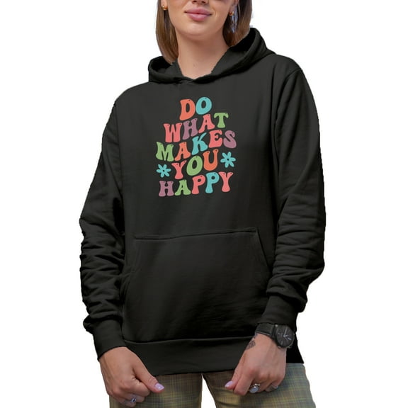 Do What Makes You Happy, Quote or Saying About Choosing Happiness, Groovy Retro Wavy Text Merch Gift, Black Hooded Sweatshirt or Hoodie, Small