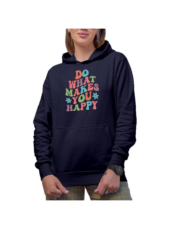 Do What Makes You Happy, Quote or Saying About Choosing Happiness, Groovy Retro Wavy Text Merch Gift, Navy Blue Hooded Sweatshirt or Hoodie, Large