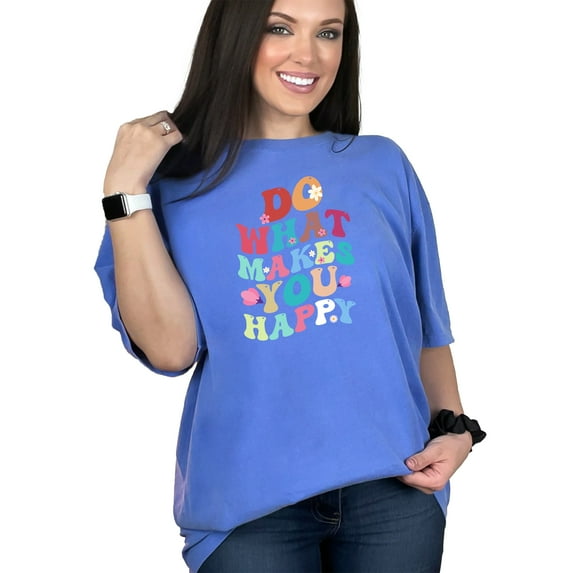 Do What Makes You Happy Quote with Cute Flowers, Groovy Retro Wavy Text, Flo Blue Comfort Colors T-Shirt, Medium