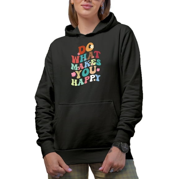 Do What Makes You Happy Quote with Cute Flowers, Groovy Retro Wavy Text Merch Gift, Black Hooded Sweatshirt or Hoodie, Small