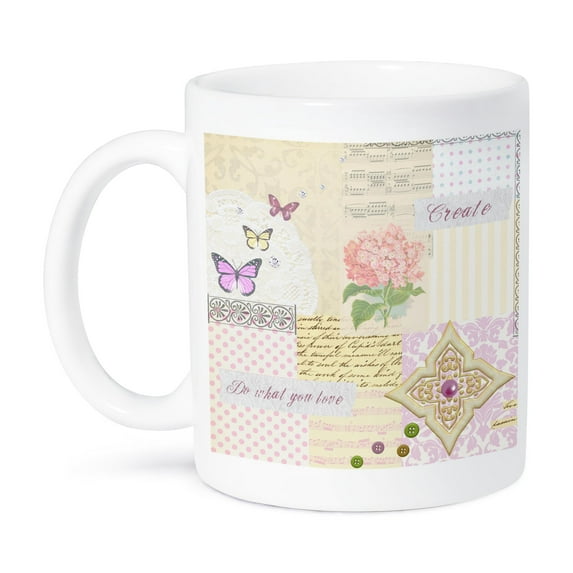 3dRose, Do what you love - Create - Pastel Girly Shabby Chic Collage - Pink Flower music and butterflies, 11oz Mug