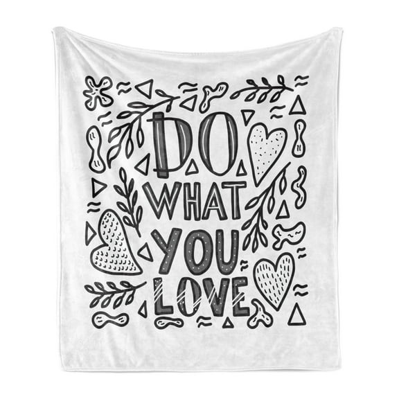 Do What You Love Soft Flannel Fleece Throw Blanket, Calligraphy of Words with Floral Drawings Hearts, Cozy Plush for Indoor and Outdoor Use, 60" x 80", Charcoal Grey White Grey, by Ambesonne