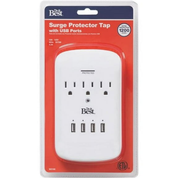 Do it Best Tools Surge Protector 3-Outlet 4-USB LA-9A-4 - LED Indicator - White