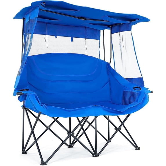 Zikebtuy Double Camping Chair with Canopy, Folding 2 Person Seat, Portable Outdoor Loveseat with Shade, Oversize Camp Chair for Beach, Lawn, and Outdoor Activities