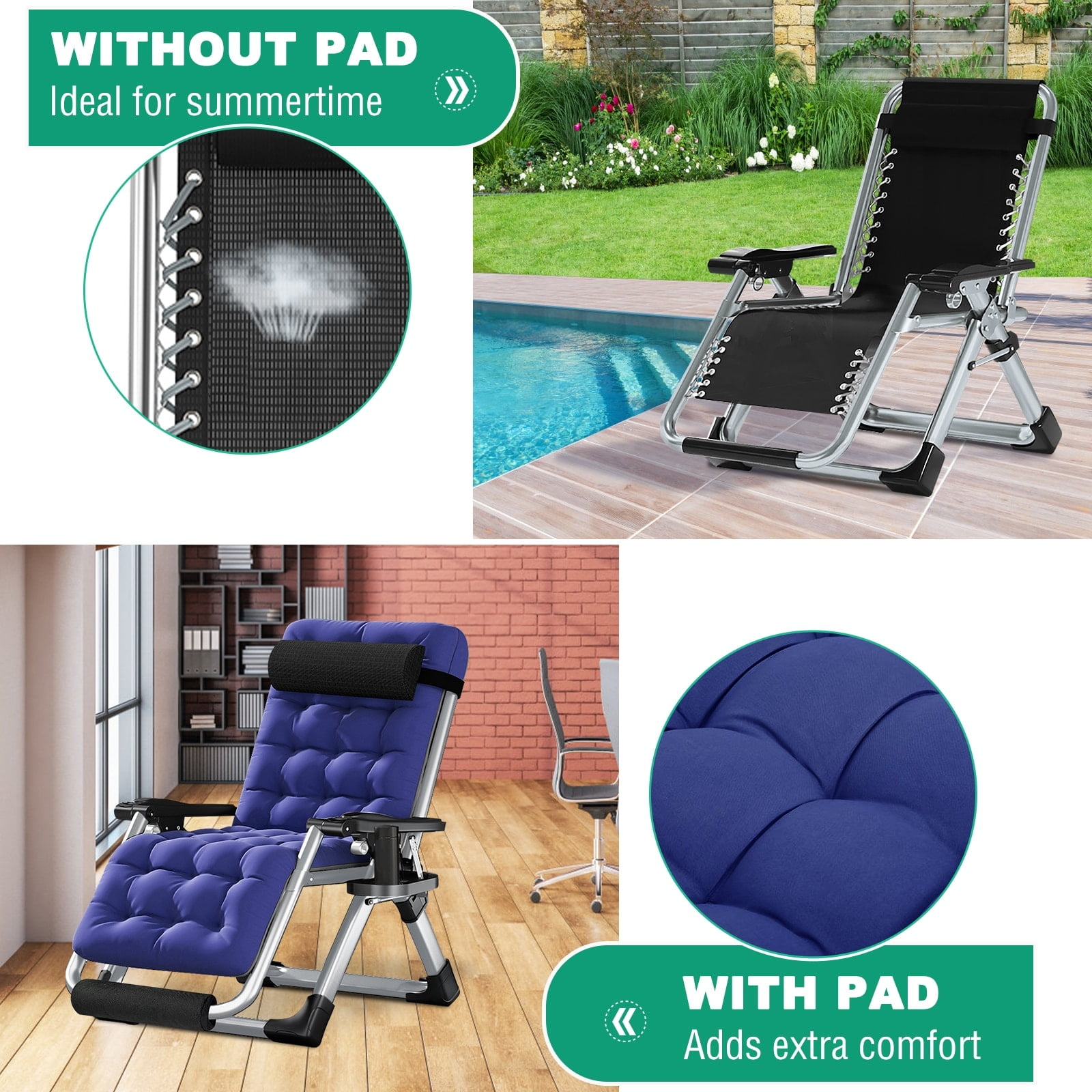 Oversized Blue Zero Gravity Reclining Lounger with Cushions